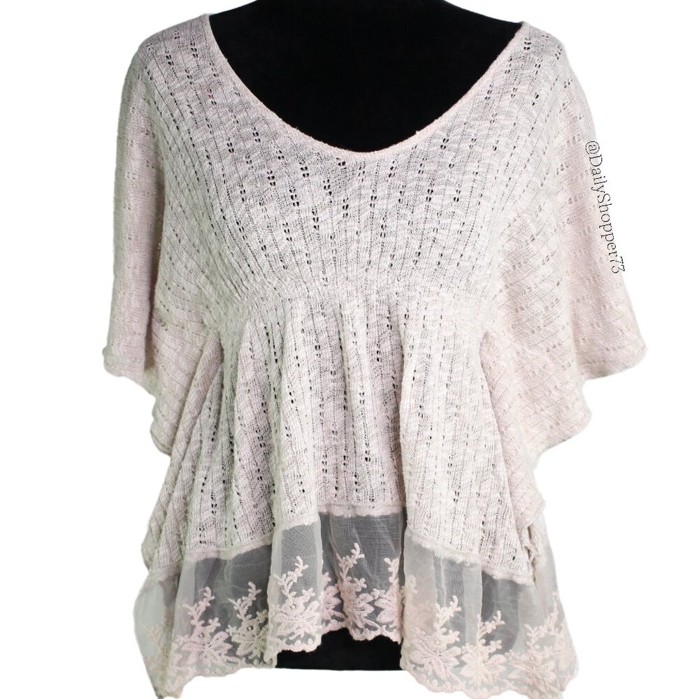 Love Notes White & Taupe Heathered Floral Embroidered Lace Knit Top